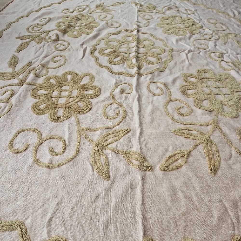 Vintage Chenille Twin bedspread throw Hand woven fringed blanket Peach Himalaya